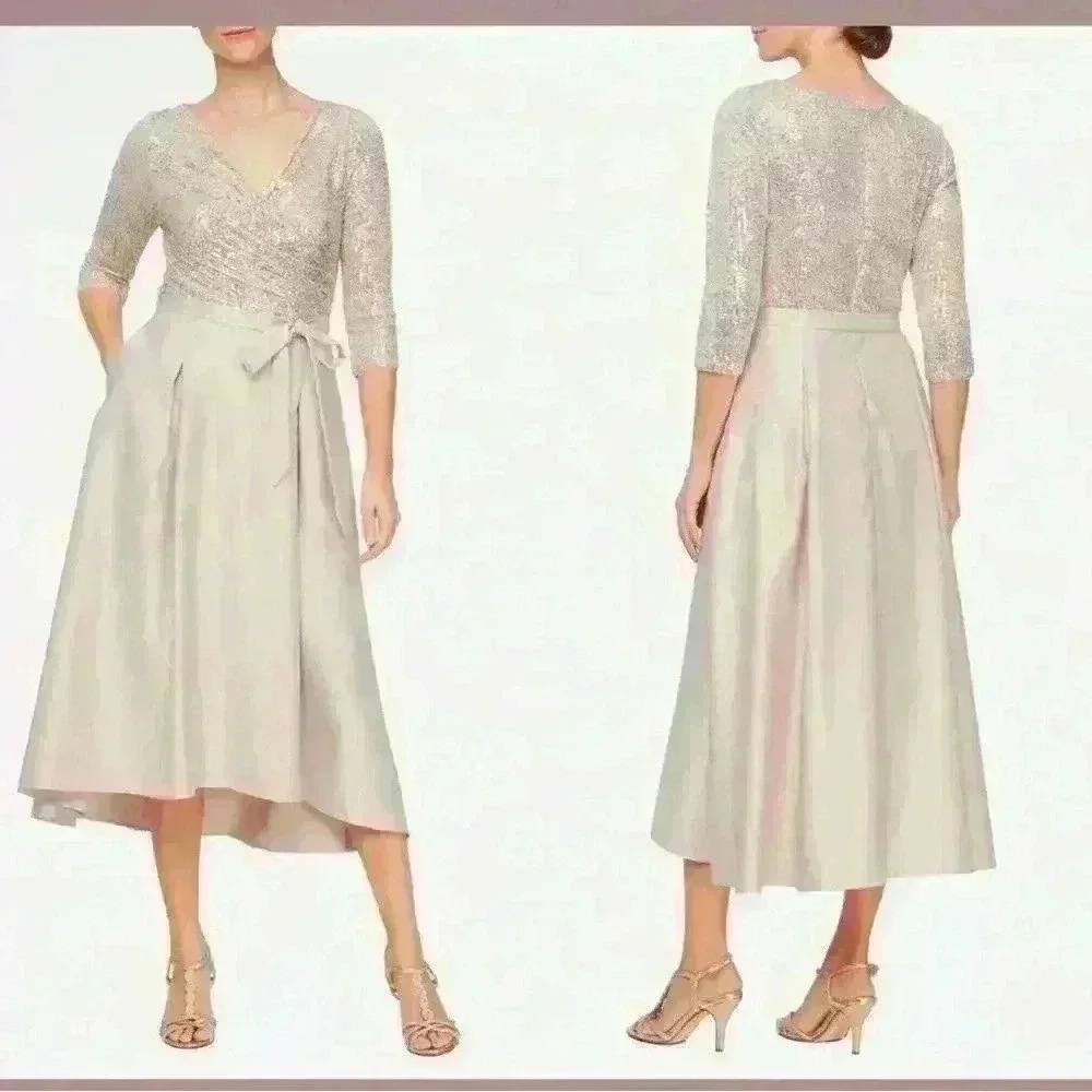 Alex Evenings Size 14 Sequin Bodice & Satin Midi Dress in Taupe NWT